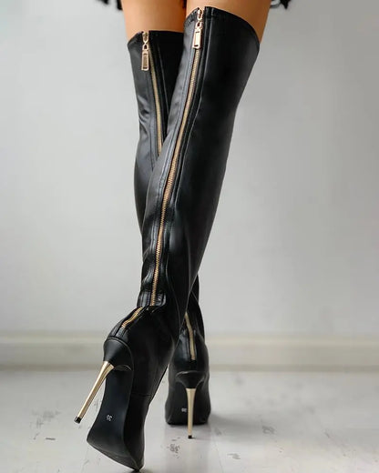 Knee High Boots - Black Zip-Up Ladies Leather Fashion Footwear