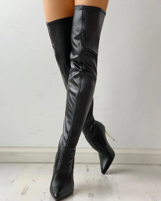 Knee High Boots - Black Zip-Up Ladies Leather Fashion Footwear