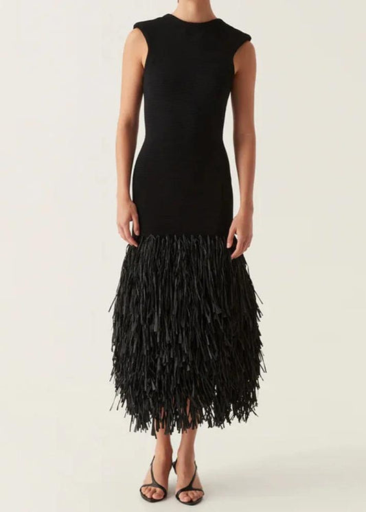 Knit Midi Dress - Elegant Black Women'S Fringe Dress