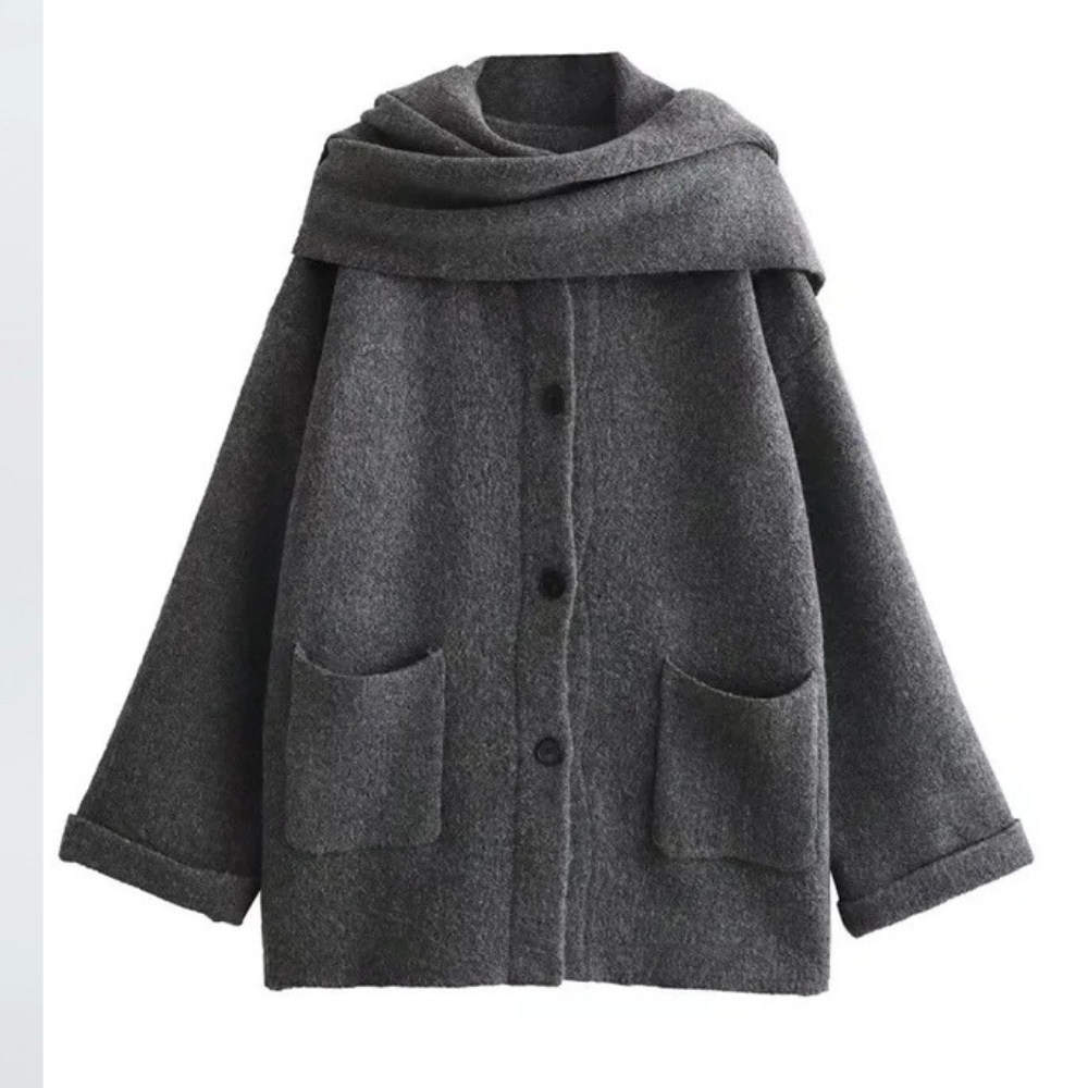 Knitted coat - stylish ladies buttoned outerwear with scarf