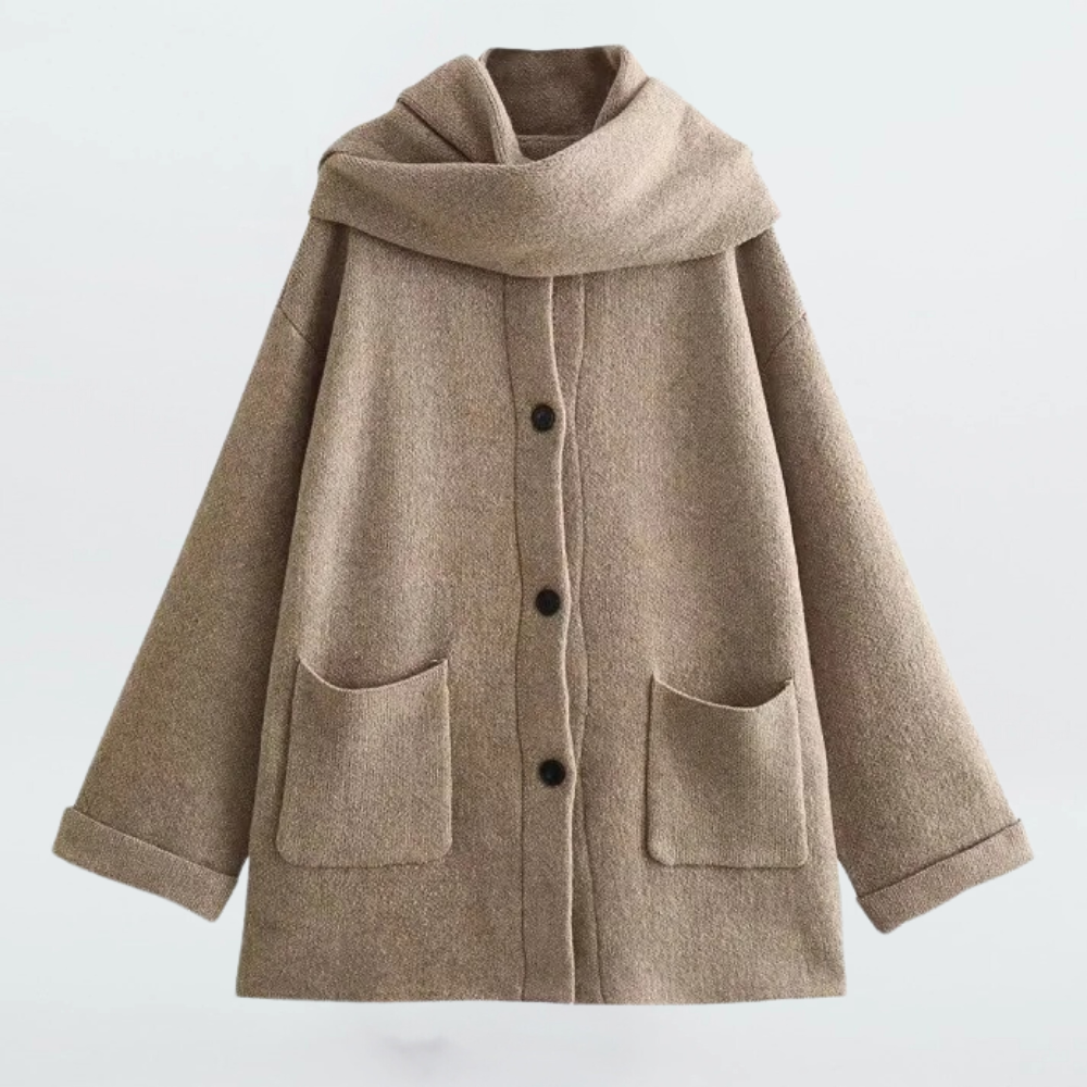 Knitted coat - stylish ladies buttoned outerwear with scarf