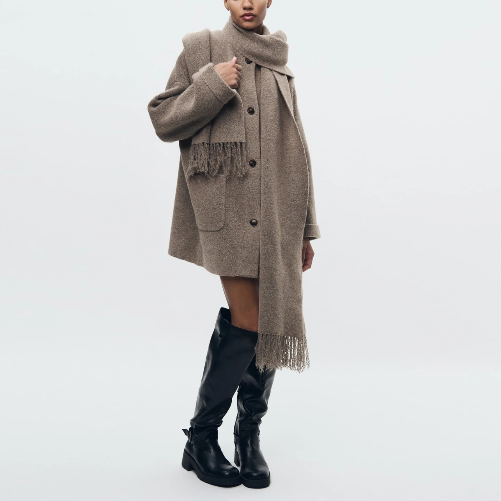 Knitted coat - stylish ladies buttoned outerwear with scarf