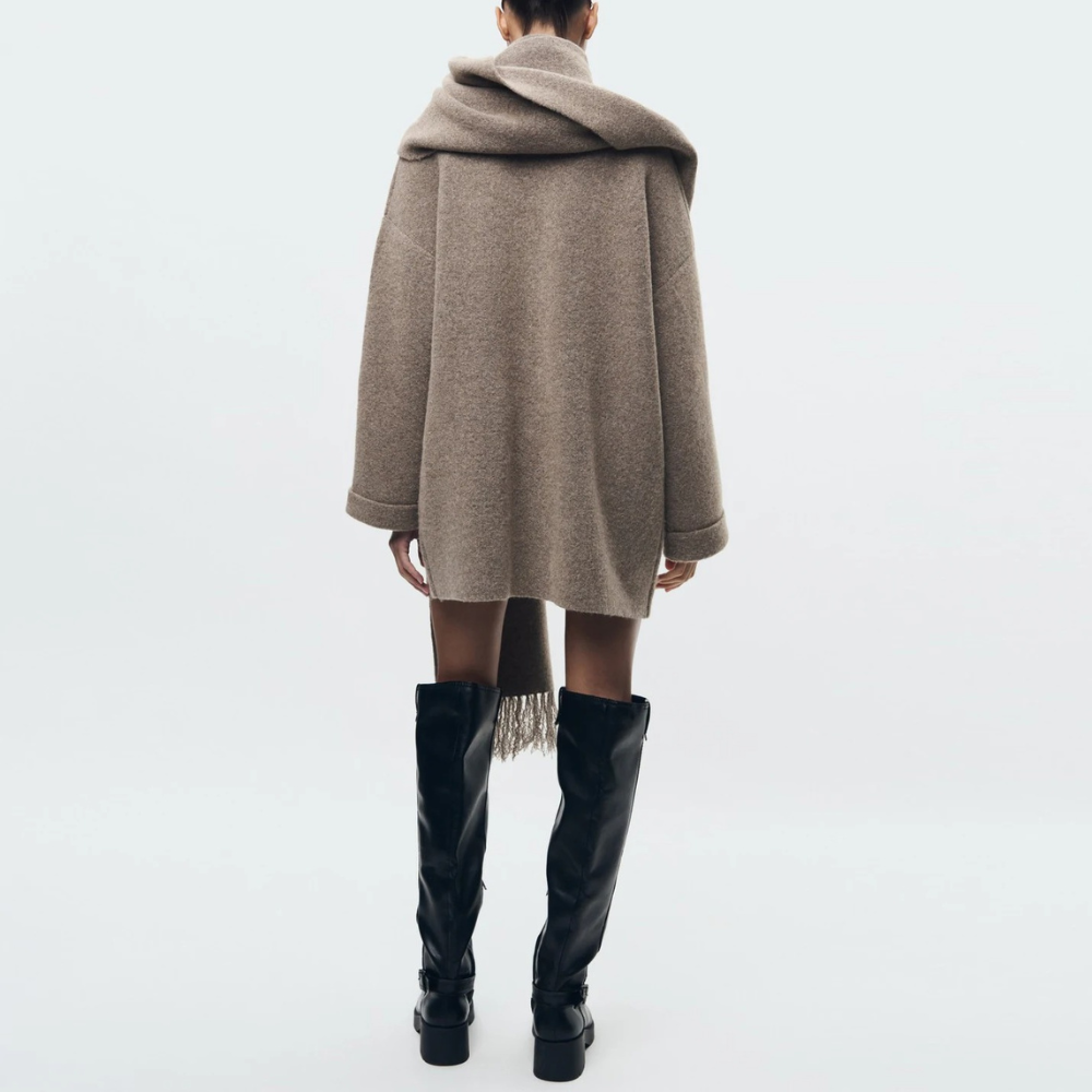 Knitted coat - stylish ladies buttoned outerwear with scarf