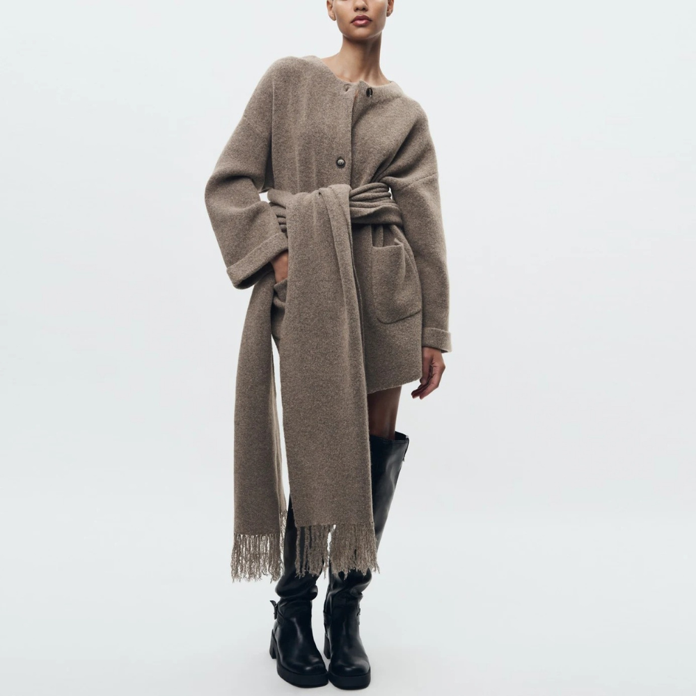 Knitted coat - stylish ladies buttoned outerwear with scarf