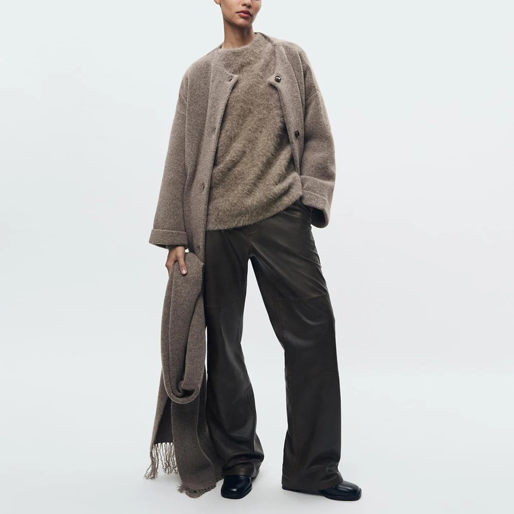 Knitted coat - stylish ladies buttoned outerwear with scarf