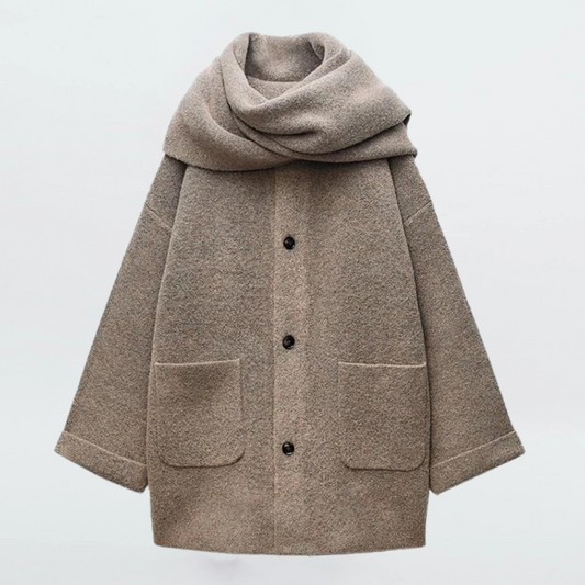 Knitted coat - stylish ladies buttoned outerwear with scarf
