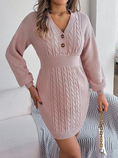 Knitted dress - stylish ladies long sleeve button detail dress