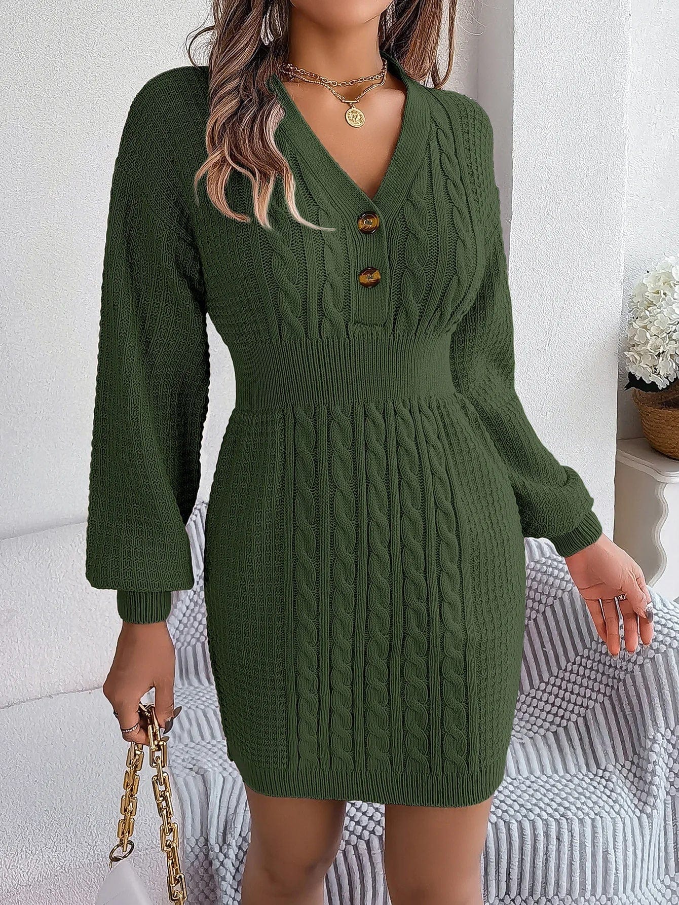 Knitted dress - stylish ladies long sleeve button detail dress