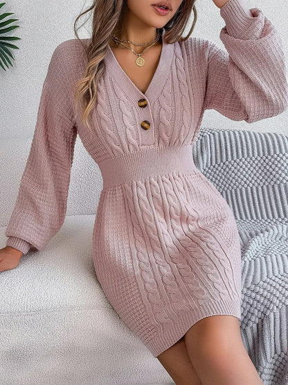 Knitted dress - stylish ladies long sleeve button detail dress
