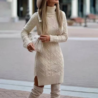 Knitted dress with high neckline - stylish ladies sweater dress