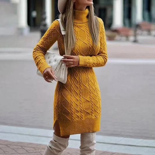 Knitted dress with high neckline - stylish ladies sweater dress