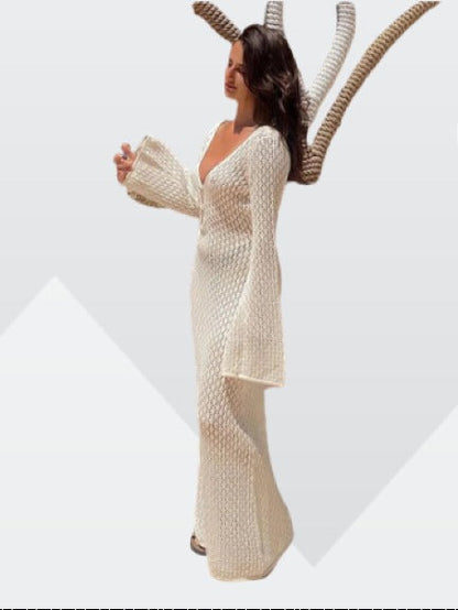 Knitted maxi dress - elegant long ladies dress with v-neck