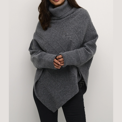 Knitted Poncho With Roll Neck - Elegant Ladies Jumper