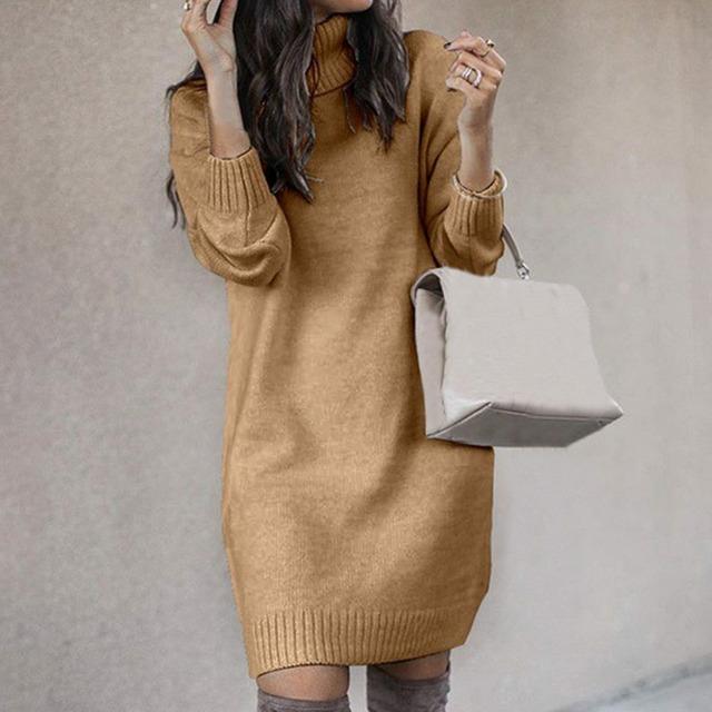 Knitted Sweater Dress - Stylish Ladies Turtleneck Dress