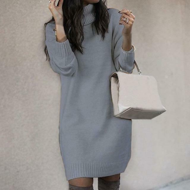 Knitted Sweater Dress - Stylish Ladies Turtleneck Dress