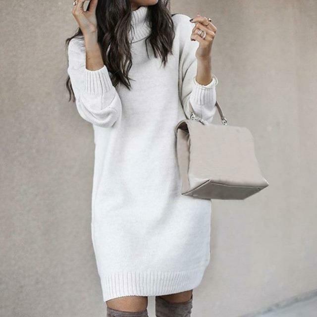 Knitted Sweater Dress - Stylish Ladies Turtleneck Dress