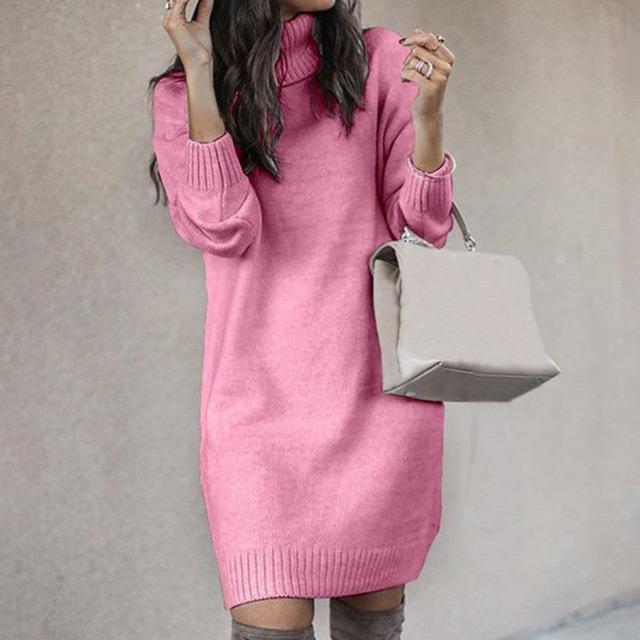 Knitted Sweater Dress - Stylish Ladies Turtleneck Dress