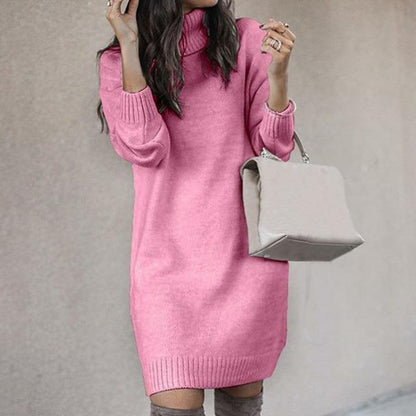 Knitted Sweater Dress - Stylish Ladies Turtleneck Dress