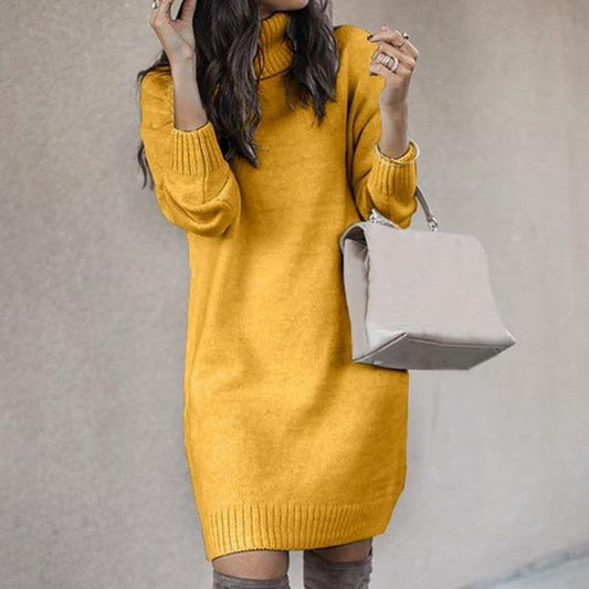 Knitted Sweater Dress - Stylish Ladies Turtleneck Dress