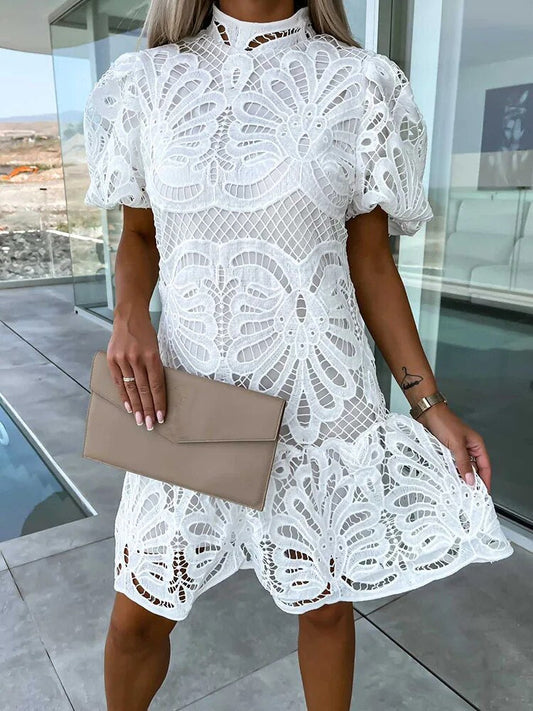Lace Dress - Elegant Ladies Midi Dress With Puff Sleeves