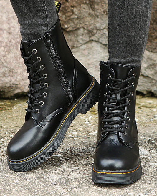 Ladies Black Leather Ankle Boots - Stylish Lace-Up And Zip Design