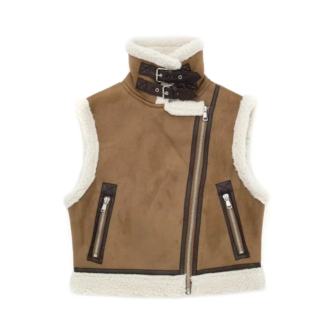 Ladies Brown Shearling-Lined Vest - Chic Faux Leather Layering Piece