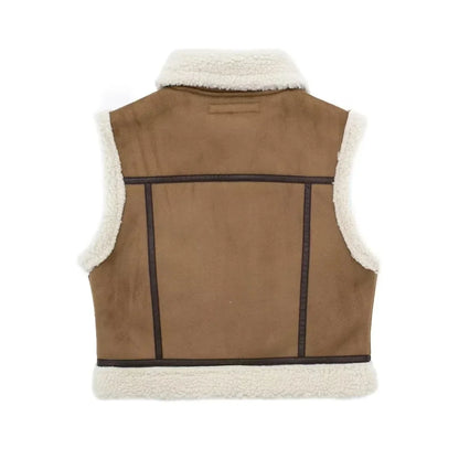 Ladies Brown Shearling-Lined Vest - Chic Faux Leather Layering Piece