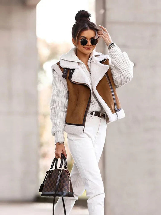 Ladies Brown Shearling-Lined Vest - Chic Faux Leather Layering Piece