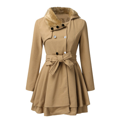 Ladies' Double-Breasted Coat - Stylish Warm Coat With Faux Fur Collar