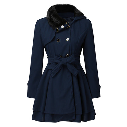 Ladies' Double-Breasted Coat - Stylish Warm Coat With Faux Fur Collar