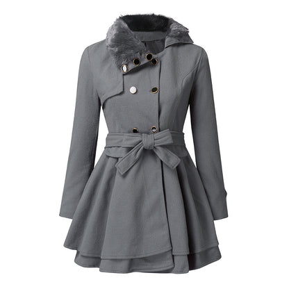 Ladies' Double-Breasted Coat - Stylish Warm Coat With Faux Fur Collar