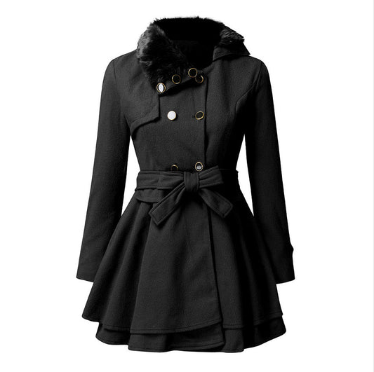 Ladies' Double-Breasted Coat - Stylish Warm Coat With Faux Fur Collar