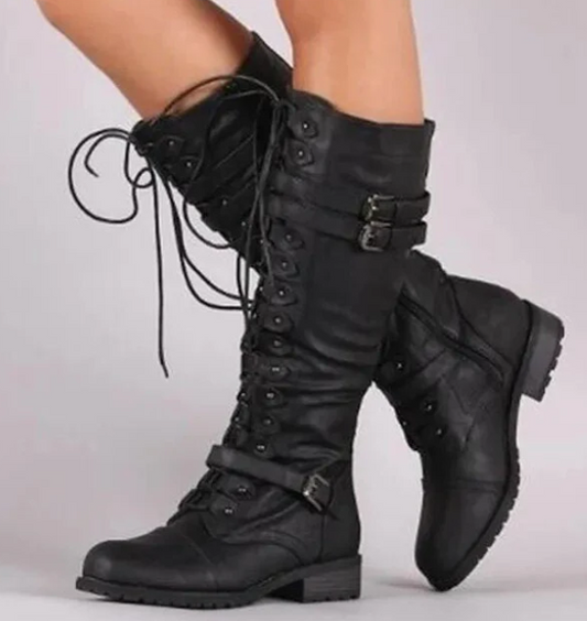 Ladies' lace-up knee-high boots - stylish leather combat boots with buckles