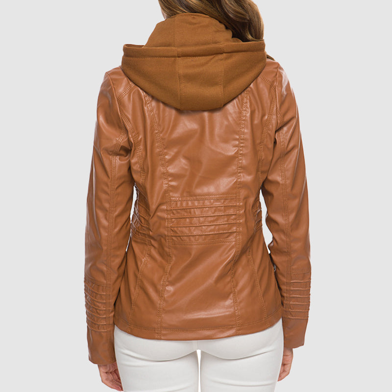 Ladies leather jacket - stylish hooded design with warm lining