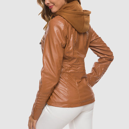 Ladies leather jacket - stylish hooded design with warm lining