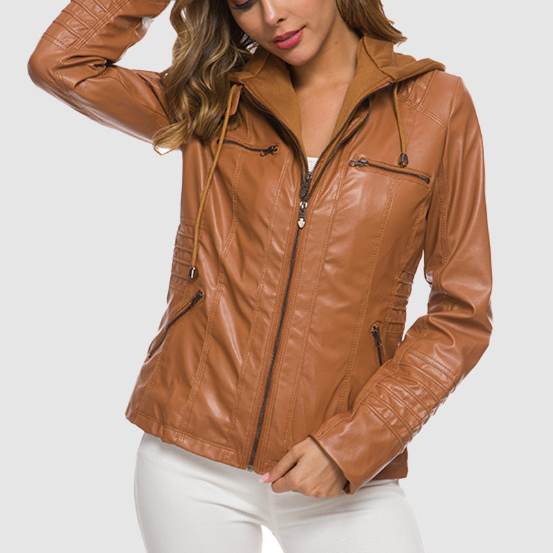 Ladies leather jacket - stylish hooded design with warm lining
