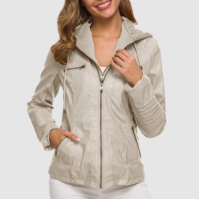 Ladies leather jacket - stylish hooded design with warm lining