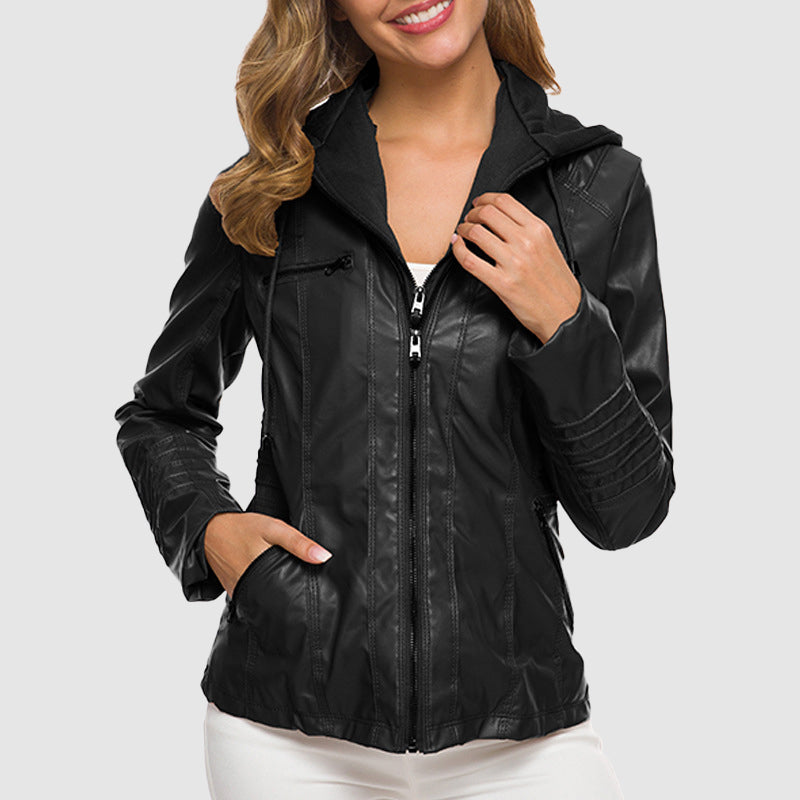 Ladies leather jacket - stylish hooded design with warm lining
