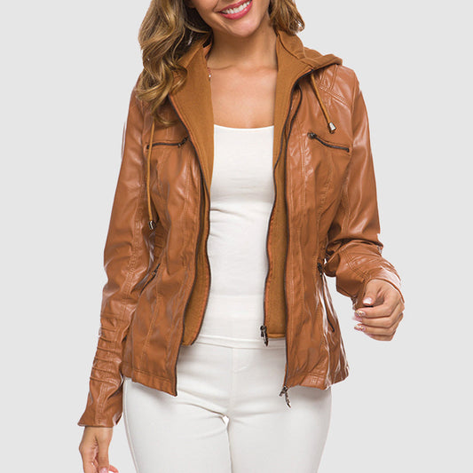Ladies leather jacket - stylish hooded design with warm lining