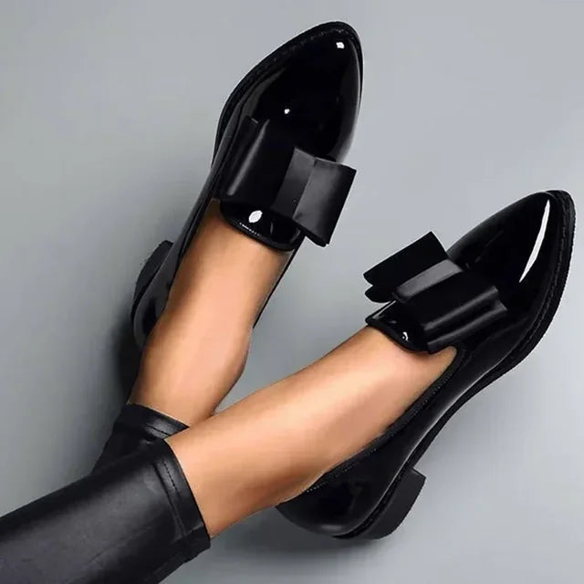 Ladies Loafers - Chic Patent Leather Shoes With Bow Detail
