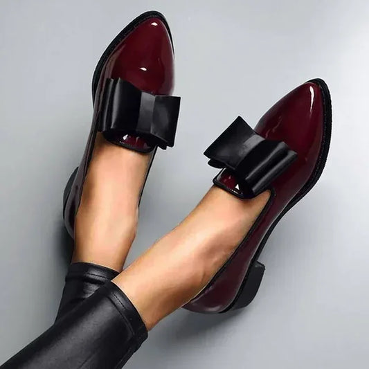 Ladies Loafers - Chic Patent Leather Shoes With Bow Detail