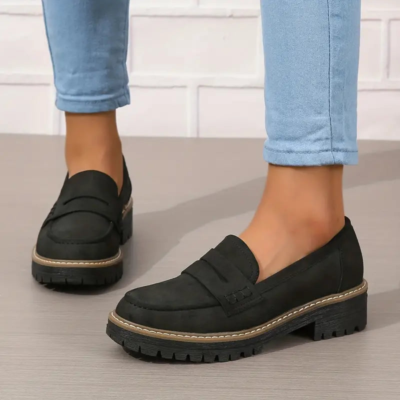 Ladies Loafers - Stylish Block-Heeled Moccasins
