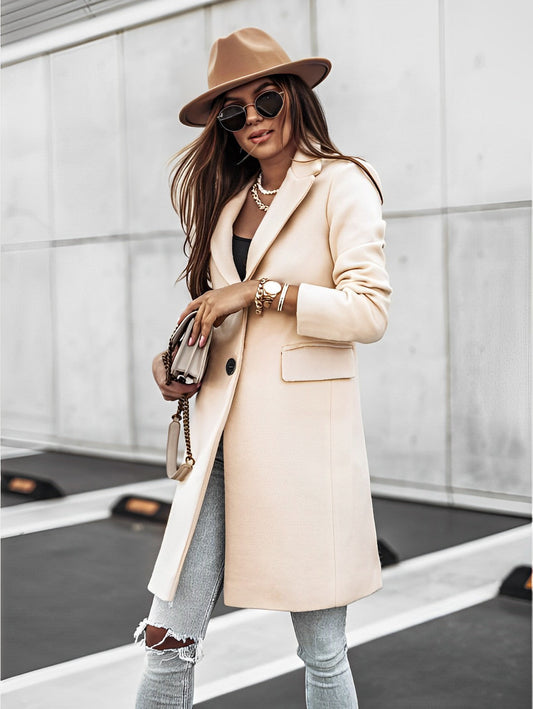 Ladies long coat - tailored cream wool blend overcoat