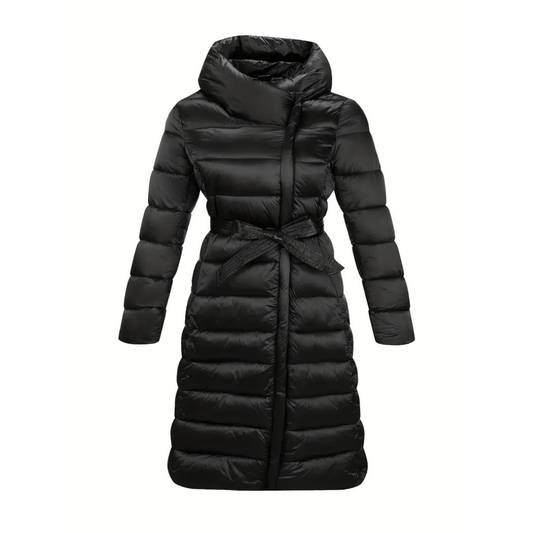 Ladies Long Puffer Coat - Elegant Black Winter Wrap Jacket