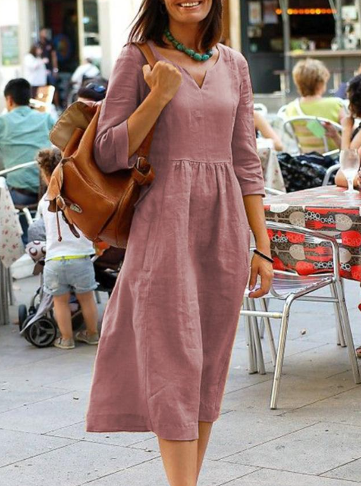 Ladies' Midi Dress - Elegant 3/4 Sleeve Linen Style