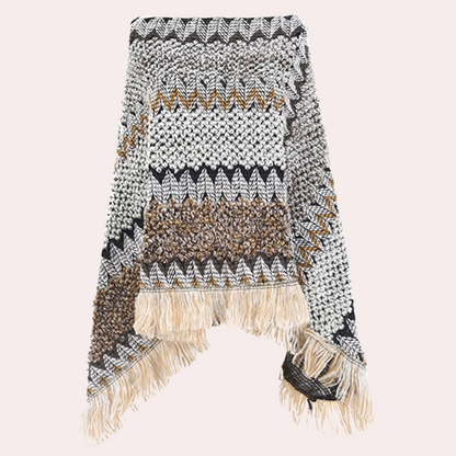 Ladies Poncho - Stylish Knitted Shawl With Fringe