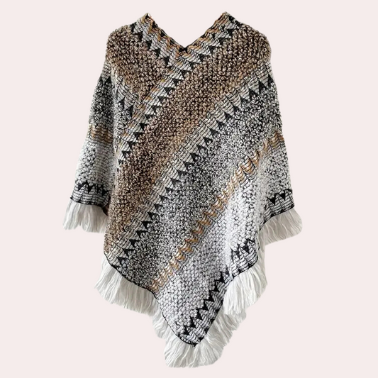 Ladies Poncho - Stylish Knitted Shawl With Fringe