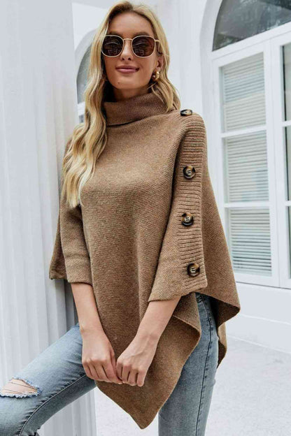 Ladies Poncho Sweater - Stylish Knit With High Collar