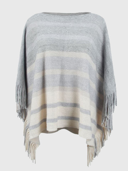 Ladies Poncho With Fringes - Stylish Knitted Wrap Top