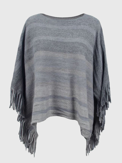 Ladies Poncho With Fringes - Stylish Knitted Wrap Top
